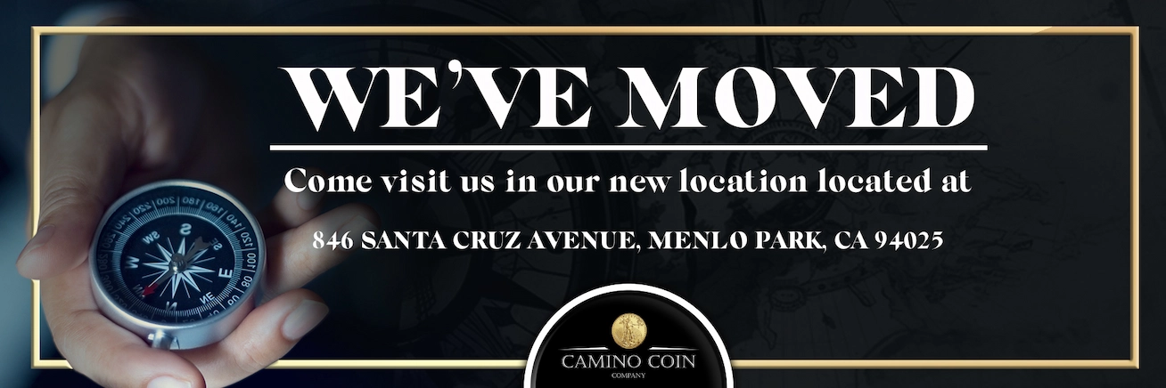 Men's hand holding a compass. Message about the new Camino Company location at 846 Santa Cruz Avenue, Menlo Park CA 94025.